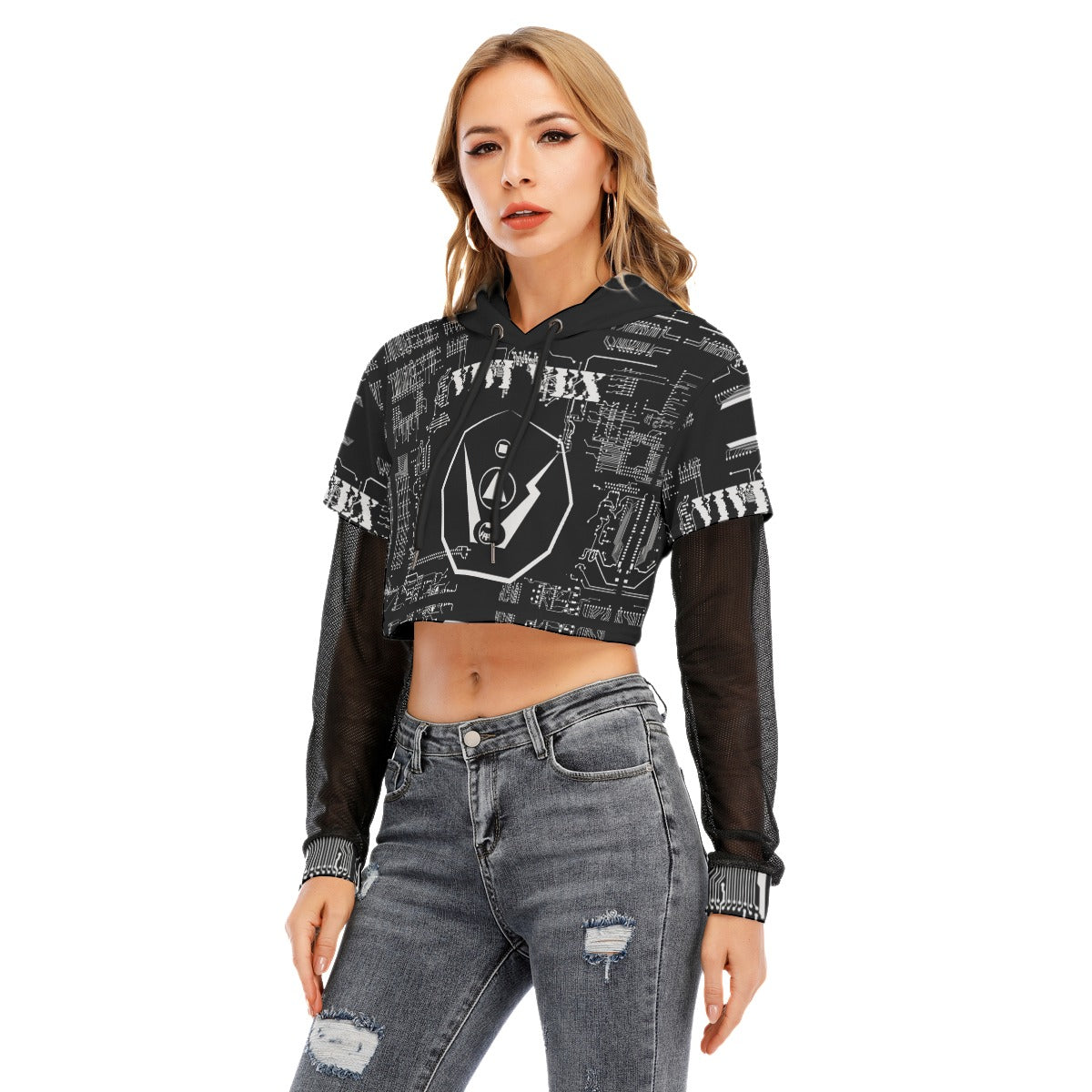 ViVi Vex Cyberpunk's Shadow Cycle Symbol Hoodie (Mesh Sleeve Crop Top)