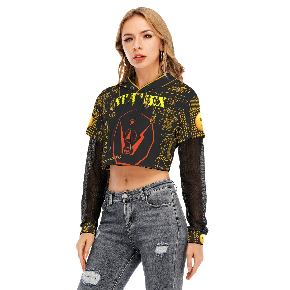 ViVi Vex Cyber Smile Hoodie (Mesh Sleeve Crop Top)