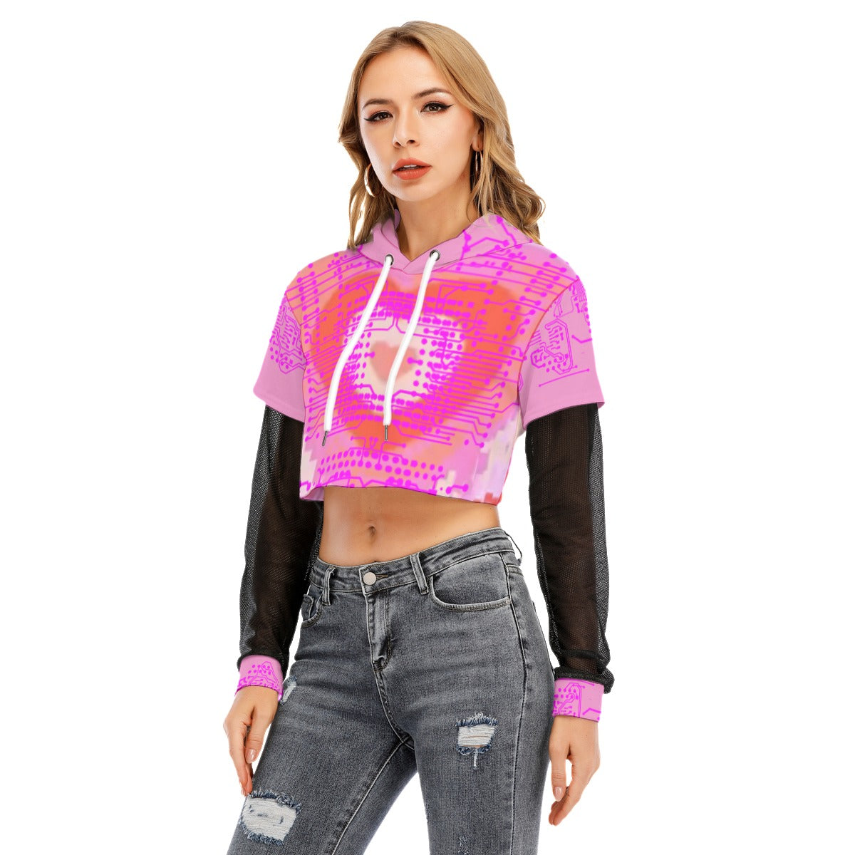 ViVi Vex Cyberpuff Basic Glitch Hoodie (Mesh Sleeve Crop Top)