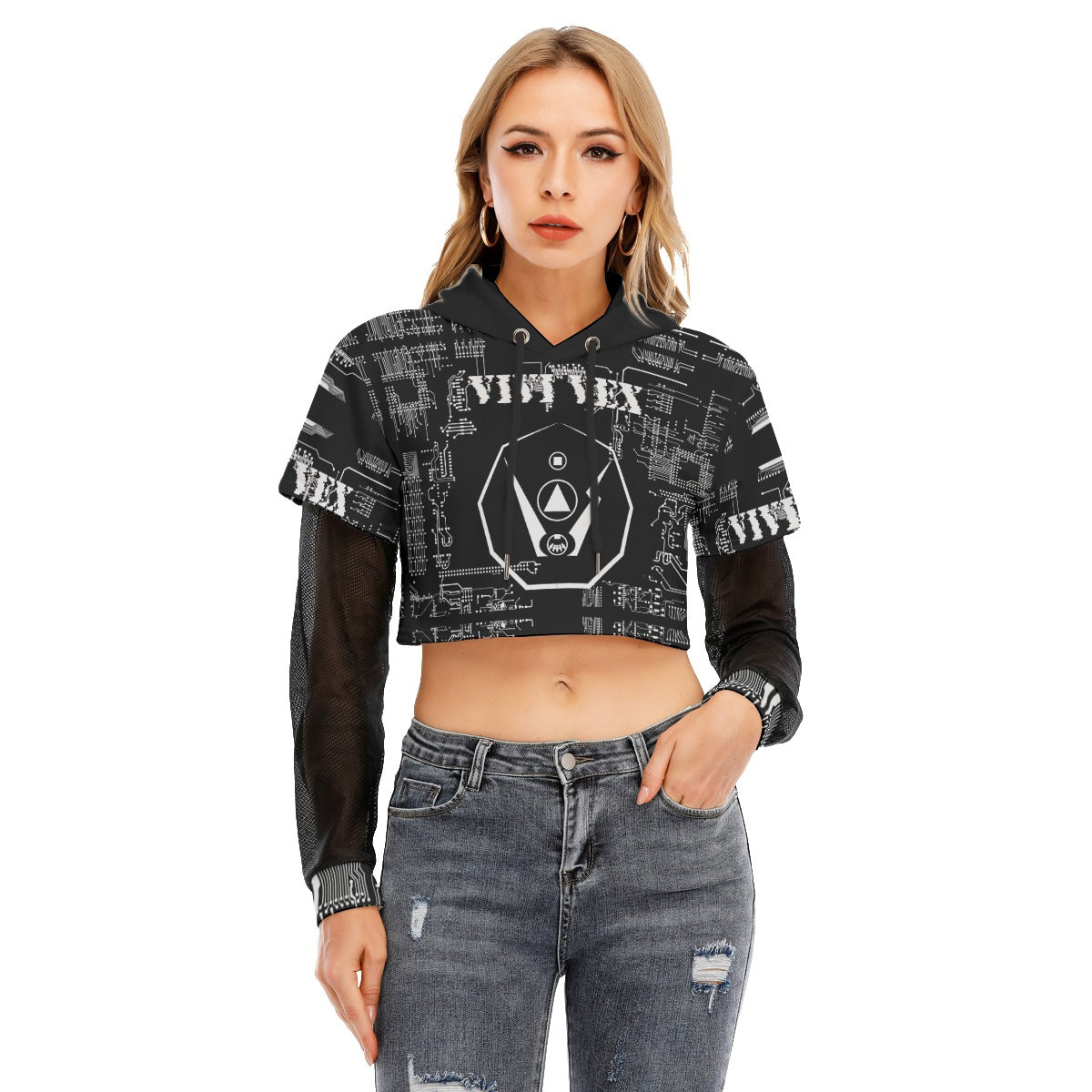 ViVi Vex Cyberpunk's Shadow Cycle Symbol Hoodie (Mesh Sleeve Crop Top)