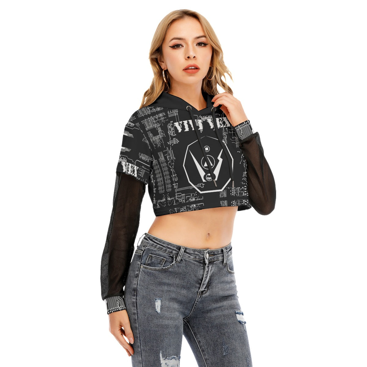 ViVi Vex Cyberpunk's Shadow Cycle Symbol Hoodie (Mesh Sleeve Crop Top)